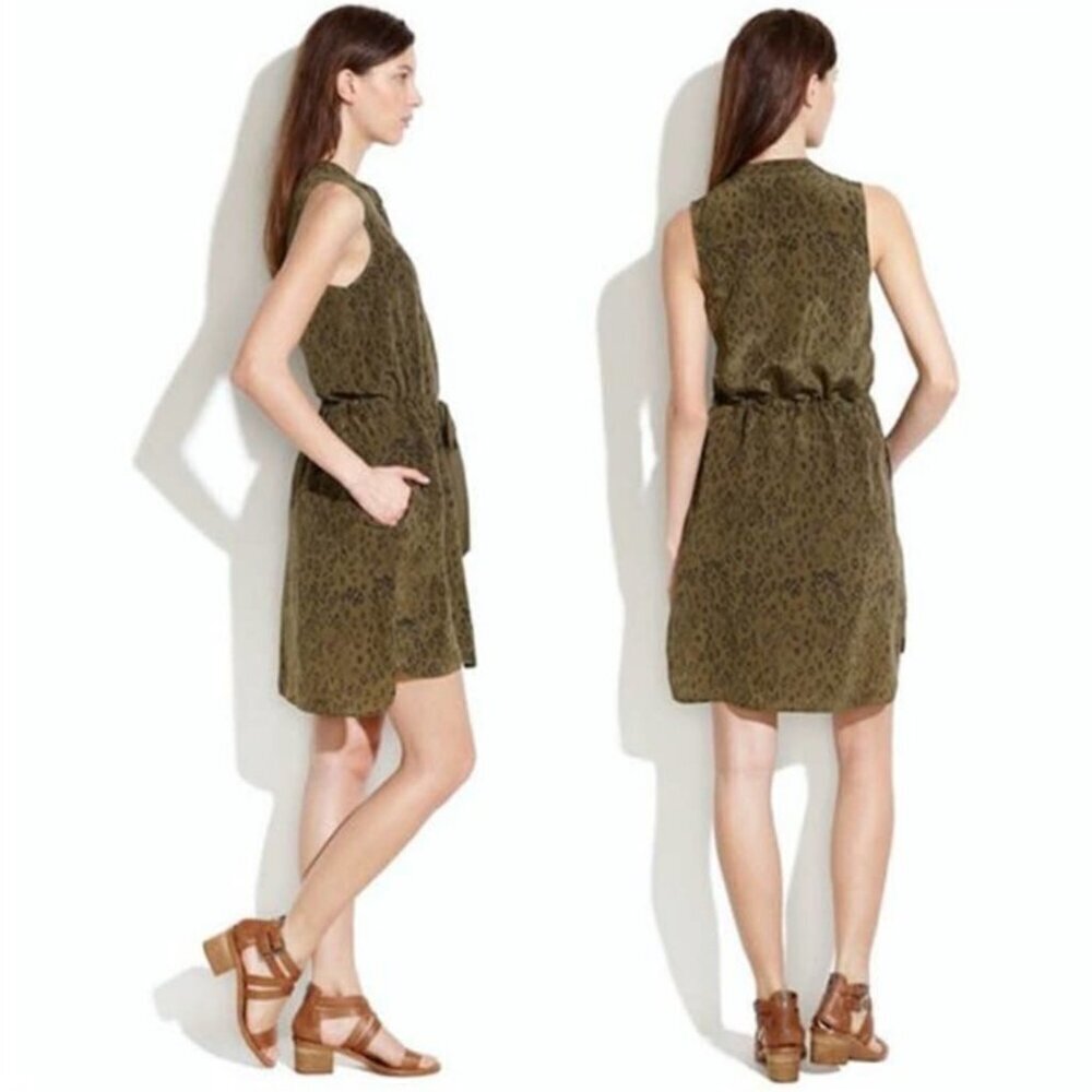 Madewell Playa Olive Green & Black Printed Tie Waist Sleeveless Silk Mini Dress